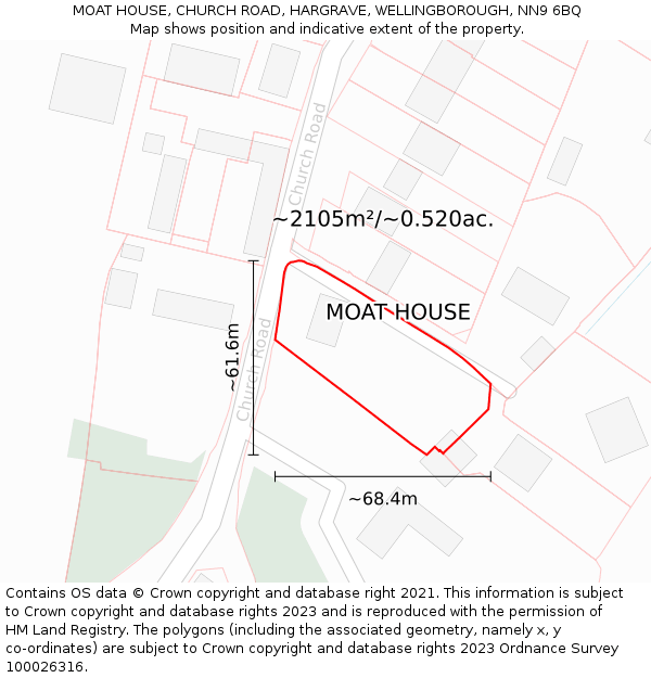 MOAT HOUSE, CHURCH ROAD, HARGRAVE, WELLINGBOROUGH, NN9 6BQ: Plot and title map