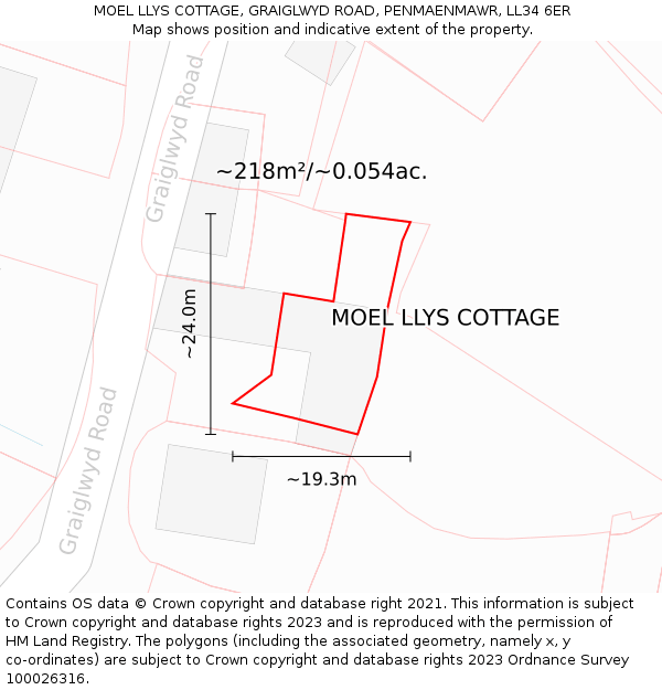 MOEL LLYS COTTAGE, GRAIGLWYD ROAD, PENMAENMAWR, LL34 6ER: Plot and title map