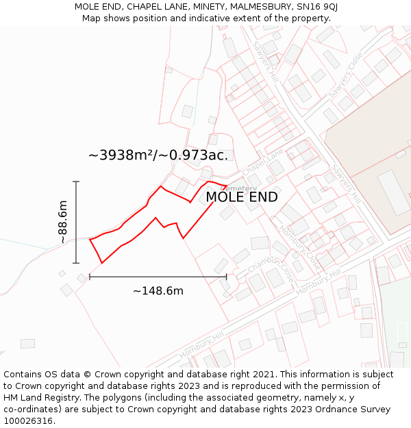 MOLE END, CHAPEL LANE, MINETY, MALMESBURY, SN16 9QJ: Plot and title map