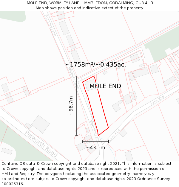 MOLE END, WORMLEY LANE, HAMBLEDON, GODALMING, GU8 4HB: Plot and title map