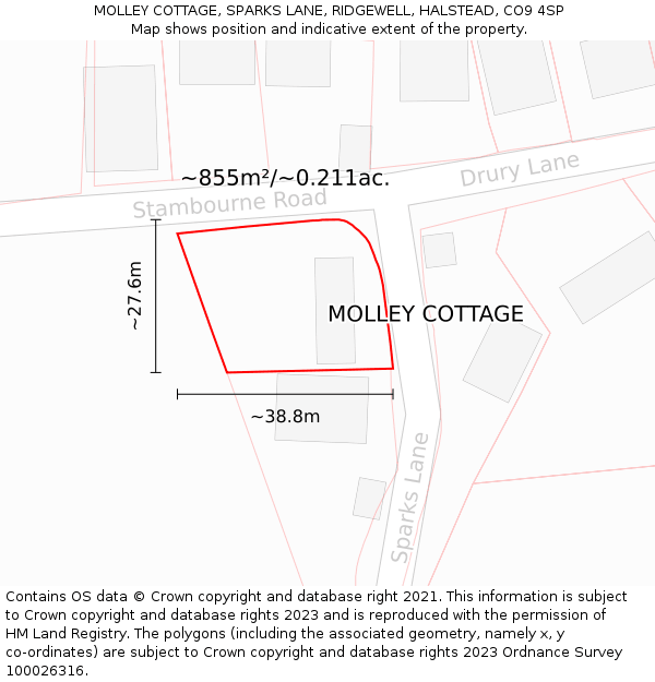 MOLLEY COTTAGE, SPARKS LANE, RIDGEWELL, HALSTEAD, CO9 4SP: Plot and title map