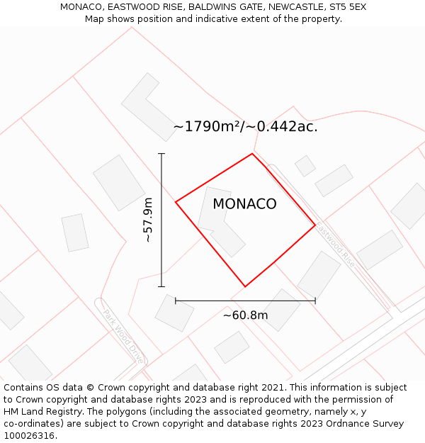 MONACO, EASTWOOD RISE, BALDWINS GATE, NEWCASTLE, ST5 5EX: Plot and title map