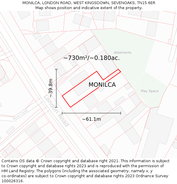 MONILCA, LONDON ROAD, WEST KINGSDOWN, SEVENOAKS, TN15 6ER: Plot and title map