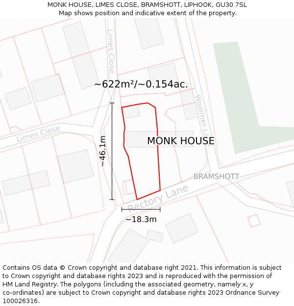 MONK HOUSE, LIMES CLOSE, BRAMSHOTT, LIPHOOK, GU30 7SL: Plot and title map