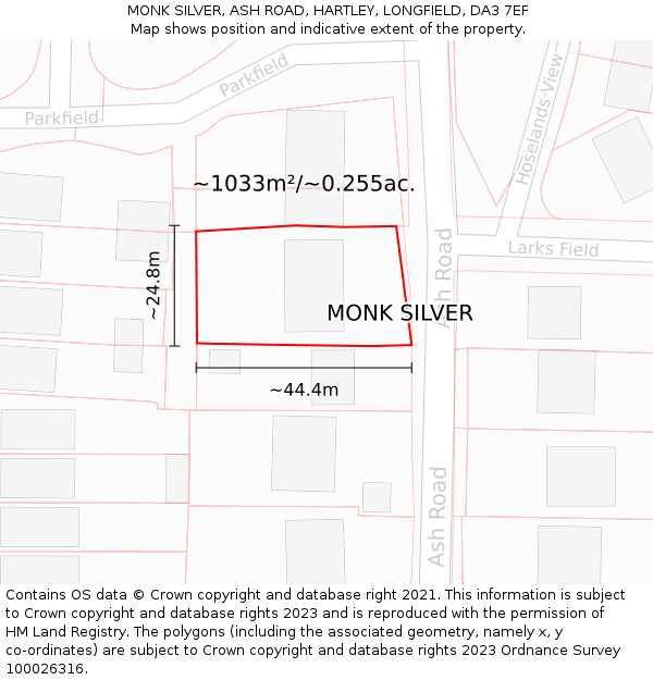 MONK SILVER, ASH ROAD, HARTLEY, LONGFIELD, DA3 7EF: Plot and title map