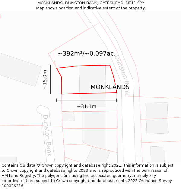 MONKLANDS, DUNSTON BANK, GATESHEAD, NE11 9PY: Plot and title map