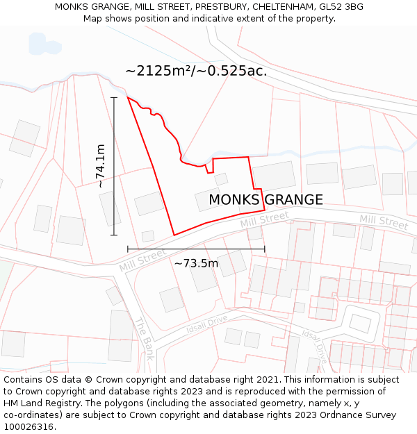 MONKS GRANGE, MILL STREET, PRESTBURY, CHELTENHAM, GL52 3BG: Plot and title map