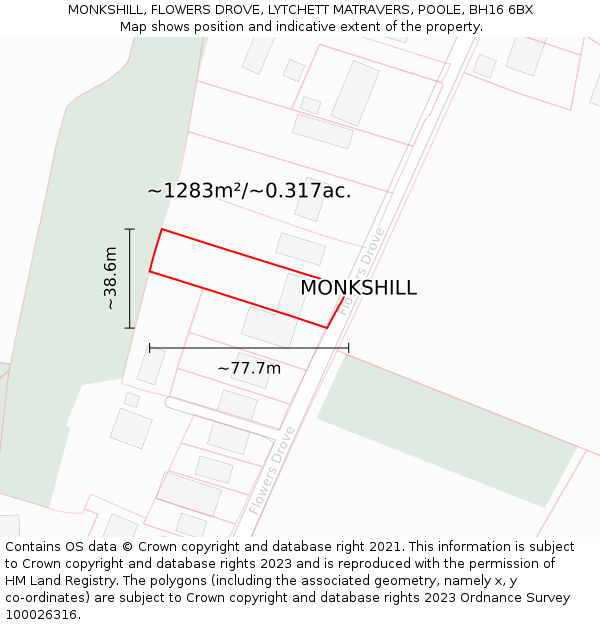 MONKSHILL, FLOWERS DROVE, LYTCHETT MATRAVERS, POOLE, BH16 6BX: Plot and title map