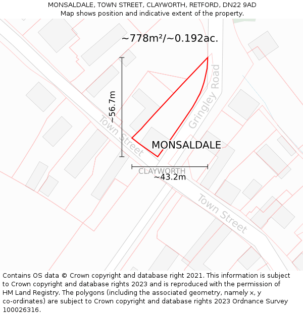 MONSALDALE, TOWN STREET, CLAYWORTH, RETFORD, DN22 9AD: Plot and title map