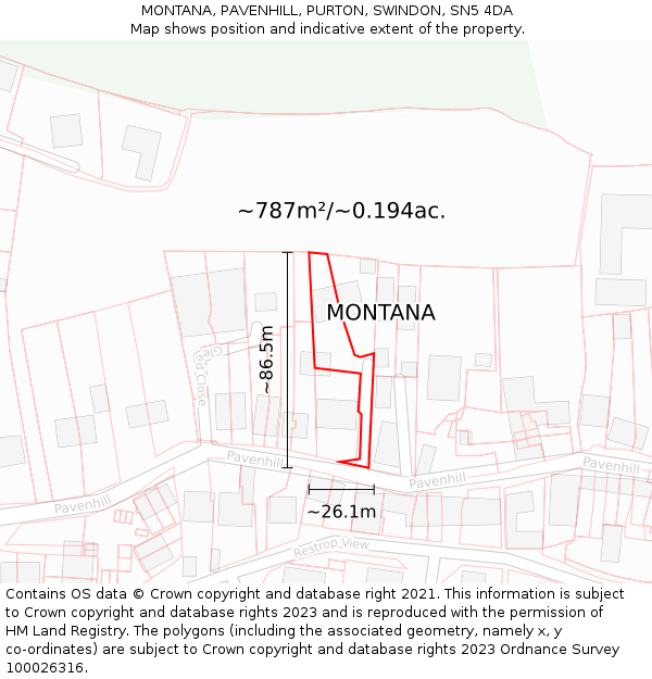 MONTANA, PAVENHILL, PURTON, SWINDON, SN5 4DA: Plot and title map