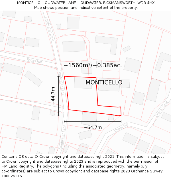 MONTICELLO, LOUDWATER LANE, LOUDWATER, RICKMANSWORTH, WD3 4HX: Plot and title map