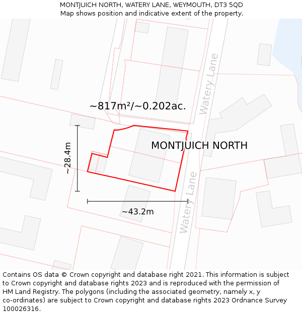 MONTJUICH NORTH, WATERY LANE, WEYMOUTH, DT3 5QD: Plot and title map