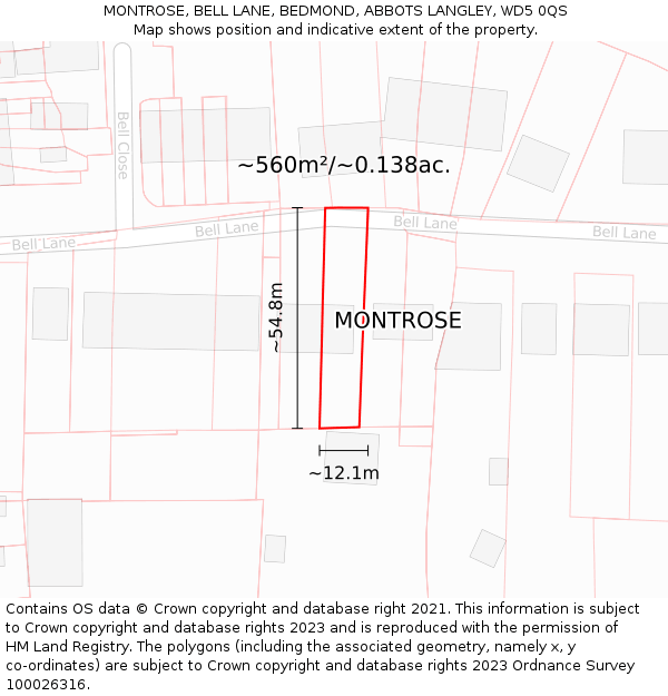 MONTROSE, BELL LANE, BEDMOND, ABBOTS LANGLEY, WD5 0QS: Plot and title map