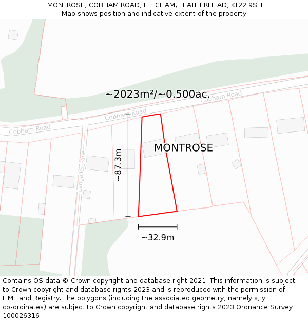 MONTROSE, COBHAM ROAD, FETCHAM, LEATHERHEAD, KT22 9SH: Plot and title map