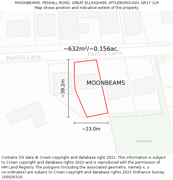 MOONBEAMS, PENHILL ROAD, GREAT ELLINGHAM, ATTLEBOROUGH, NR17 1LR: Plot and title map