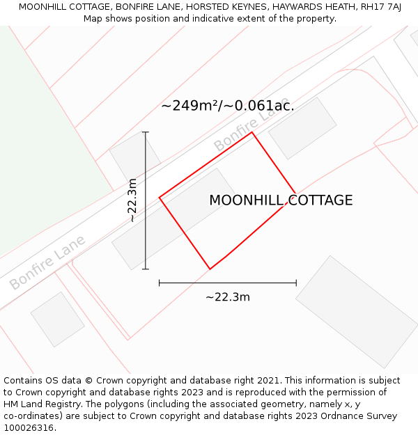 MOONHILL COTTAGE, BONFIRE LANE, HORSTED KEYNES, HAYWARDS HEATH, RH17 7AJ: Plot and title map