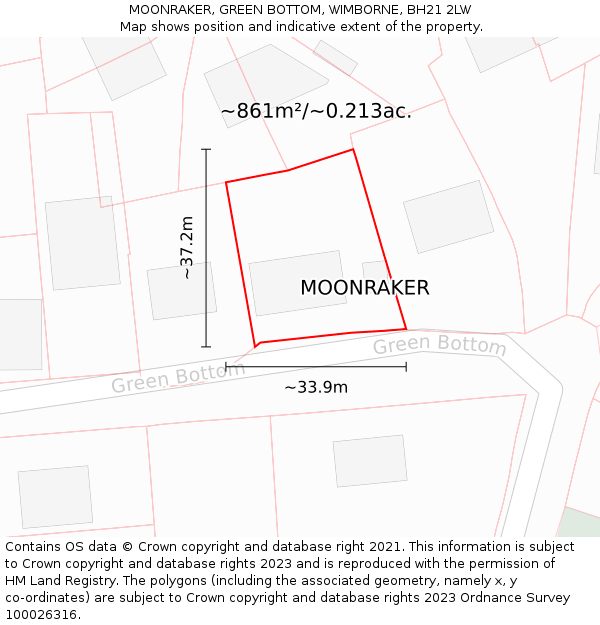 MOONRAKER, GREEN BOTTOM, WIMBORNE, BH21 2LW: Plot and title map