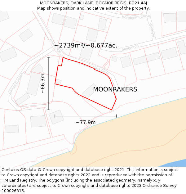 MOONRAKERS, DARK LANE, BOGNOR REGIS, PO21 4AJ: Plot and title map