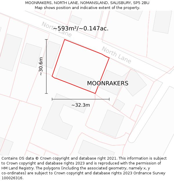 MOONRAKERS, NORTH LANE, NOMANSLAND, SALISBURY, SP5 2BU: Plot and title map