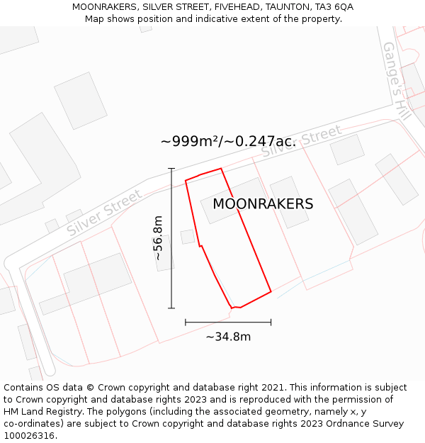 MOONRAKERS, SILVER STREET, FIVEHEAD, TAUNTON, TA3 6QA: Plot and title map