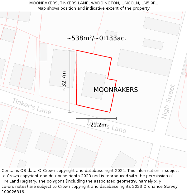 MOONRAKERS, TINKERS LANE, WADDINGTON, LINCOLN, LN5 9RU: Plot and title map