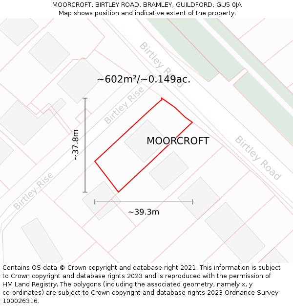 MOORCROFT, BIRTLEY ROAD, BRAMLEY, GUILDFORD, GU5 0JA: Plot and title map