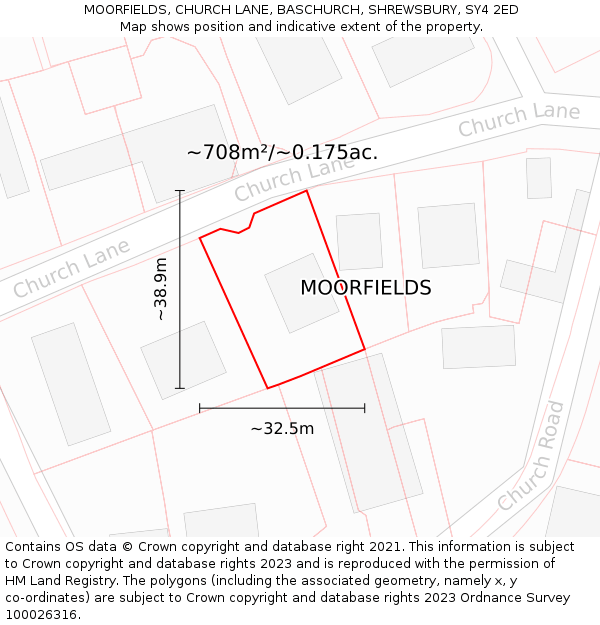 MOORFIELDS, CHURCH LANE, BASCHURCH, SHREWSBURY, SY4 2ED: Plot and title map