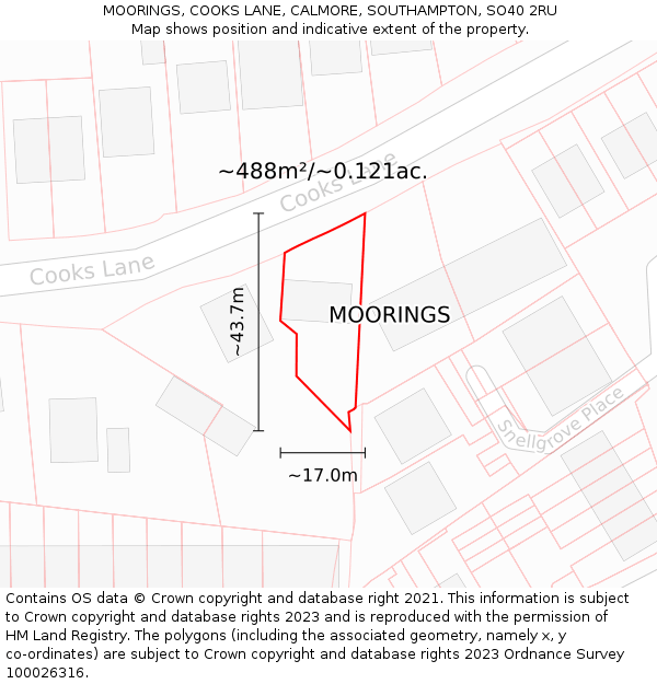 MOORINGS, COOKS LANE, CALMORE, SOUTHAMPTON, SO40 2RU: Plot and title map