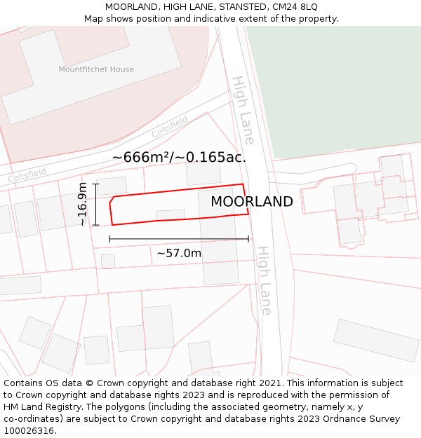 MOORLAND, HIGH LANE, STANSTED, CM24 8LQ: Plot and title map