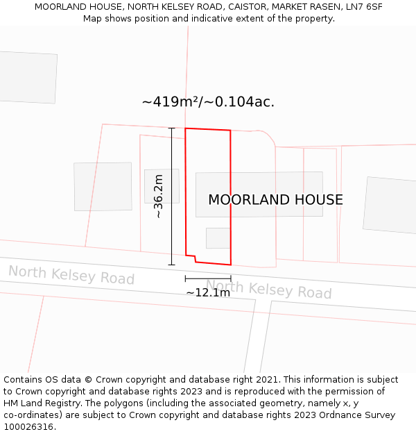 MOORLAND HOUSE, NORTH KELSEY ROAD, CAISTOR, MARKET RASEN, LN7 6SF: Plot and title map