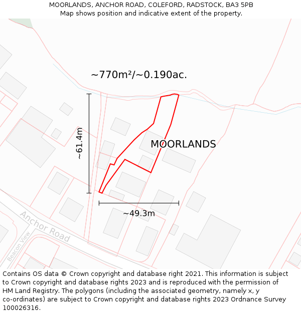 MOORLANDS, ANCHOR ROAD, COLEFORD, RADSTOCK, BA3 5PB: Plot and title map