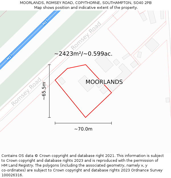 MOORLANDS, ROMSEY ROAD, COPYTHORNE, SOUTHAMPTON, SO40 2PB: Plot and title map