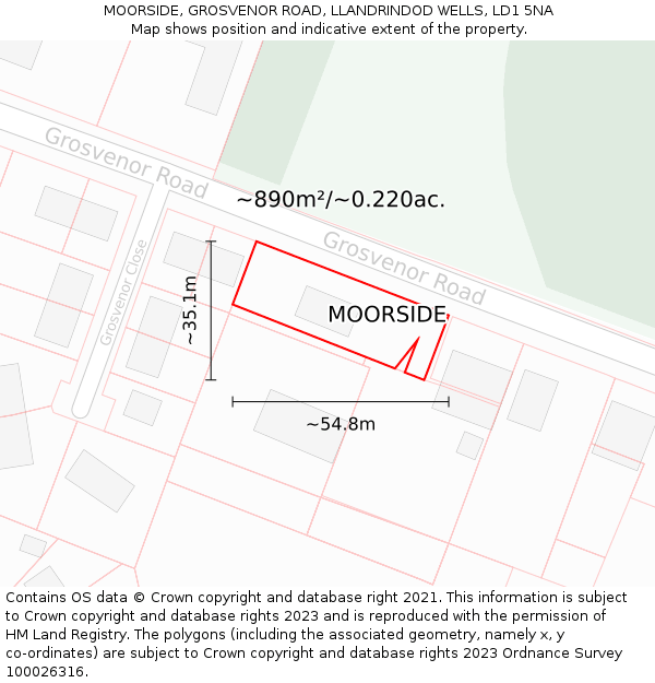 MOORSIDE, GROSVENOR ROAD, LLANDRINDOD WELLS, LD1 5NA: Plot and title map