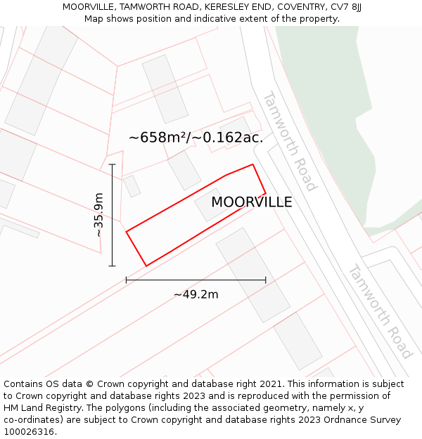 MOORVILLE, TAMWORTH ROAD, KERESLEY END, COVENTRY, CV7 8JJ: Plot and title map