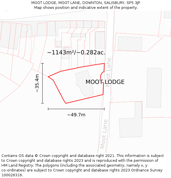 MOOT LODGE, MOOT LANE, DOWNTON, SALISBURY, SP5 3JP: Plot and title map