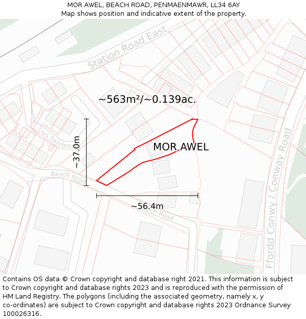 MOR AWEL, BEACH ROAD, PENMAENMAWR, LL34 6AY: Plot and title map