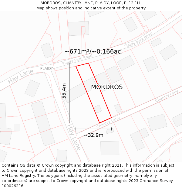 MORDROS, CHANTRY LANE, PLAIDY, LOOE, PL13 1LH: Plot and title map