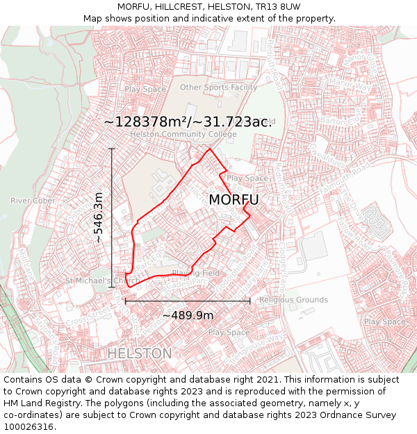 MORFU, HILLCREST, HELSTON, TR13 8UW: Plot and title map