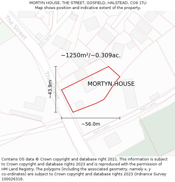 MORTYN HOUSE, THE STREET, GOSFIELD, HALSTEAD, CO9 1TU: Plot and title map