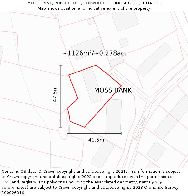 MOSS BANK, POND CLOSE, LOXWOOD, BILLINGSHURST, RH14 0SH: Plot and title map