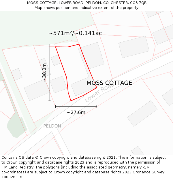 MOSS COTTAGE, LOWER ROAD, PELDON, COLCHESTER, CO5 7QR: Plot and title map