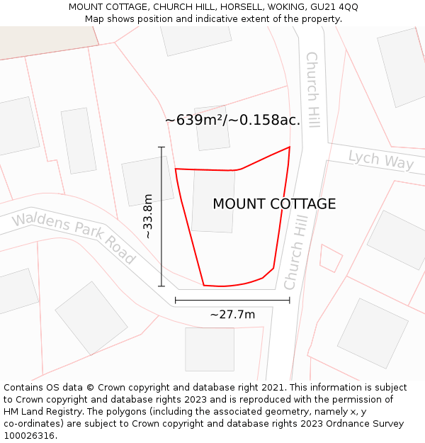 MOUNT COTTAGE, CHURCH HILL, HORSELL, WOKING, GU21 4QQ: Plot and title map