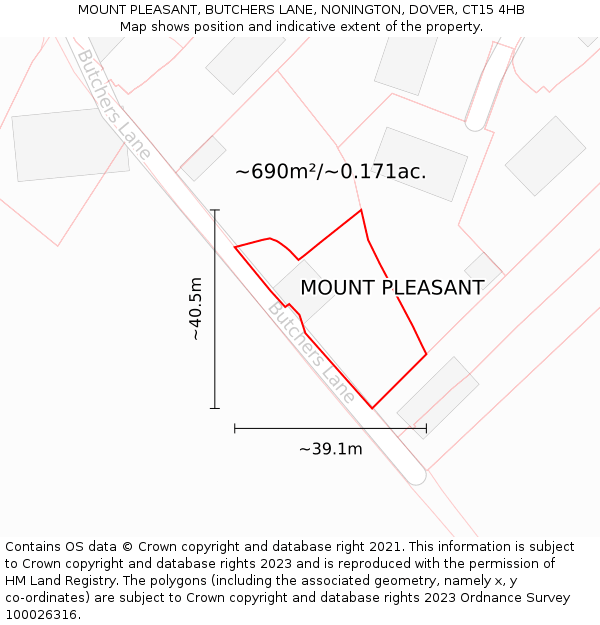 MOUNT PLEASANT, BUTCHERS LANE, NONINGTON, DOVER, CT15 4HB: Plot and title map