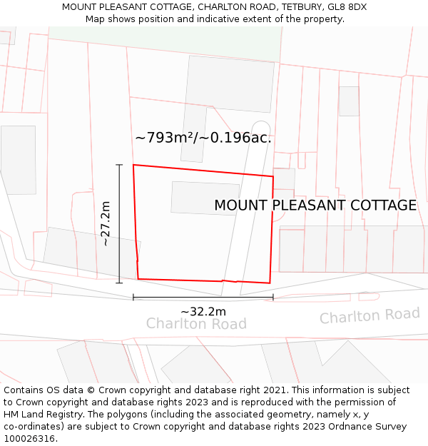 MOUNT PLEASANT COTTAGE, CHARLTON ROAD, TETBURY, GL8 8DX: Plot and title map