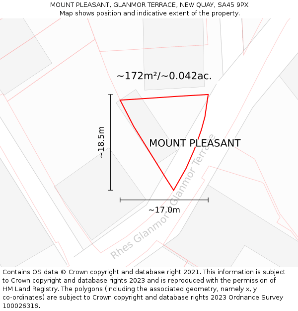 MOUNT PLEASANT, GLANMOR TERRACE, NEW QUAY, SA45 9PX: Plot and title map