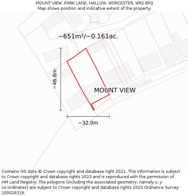 MOUNT VIEW, PARK LANE, HALLOW, WORCESTER, WR2 6PQ: Plot and title map