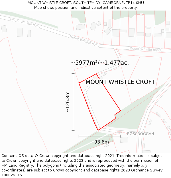 MOUNT WHISTLE CROFT, SOUTH TEHIDY, CAMBORNE, TR14 0HU: Plot and title map