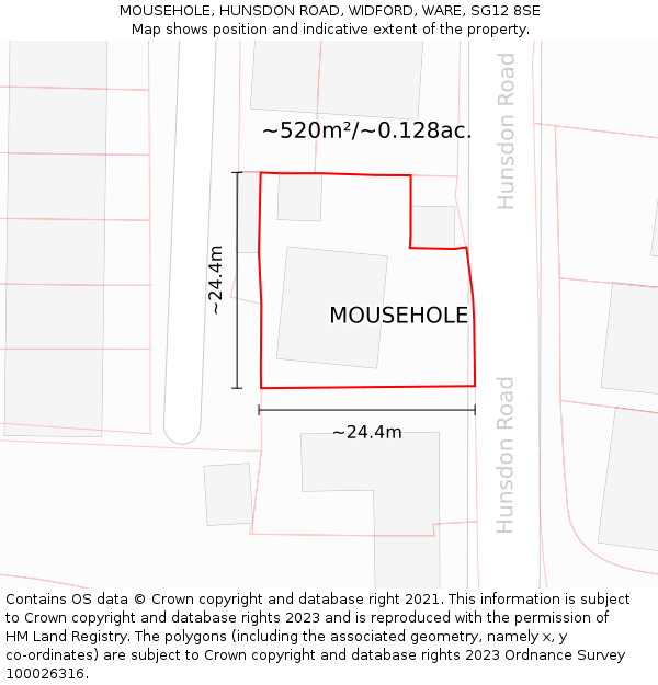 MOUSEHOLE, HUNSDON ROAD, WIDFORD, WARE, SG12 8SE: Plot and title map