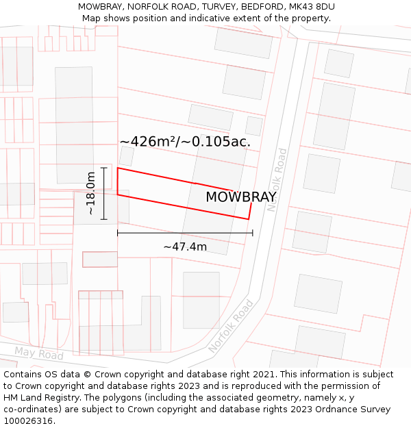 MOWBRAY, NORFOLK ROAD, TURVEY, BEDFORD, MK43 8DU: Plot and title map