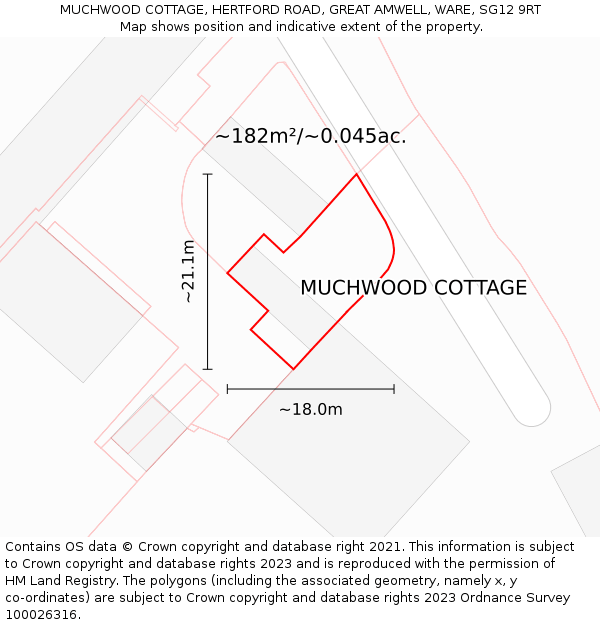 MUCHWOOD COTTAGE, HERTFORD ROAD, GREAT AMWELL, WARE, SG12 9RT: Plot and title map